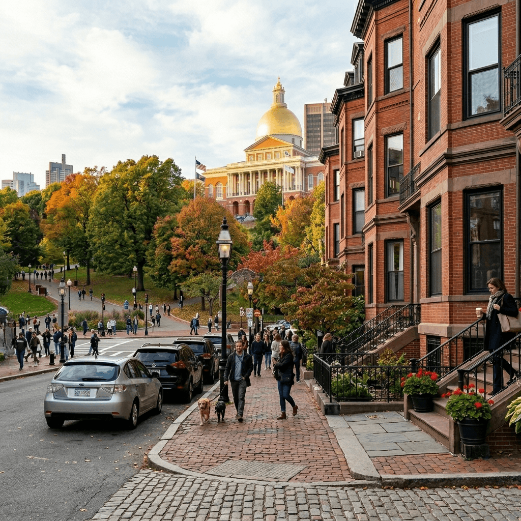Beacon Hill street scene with Boston brownstones and the Massachusetts State House